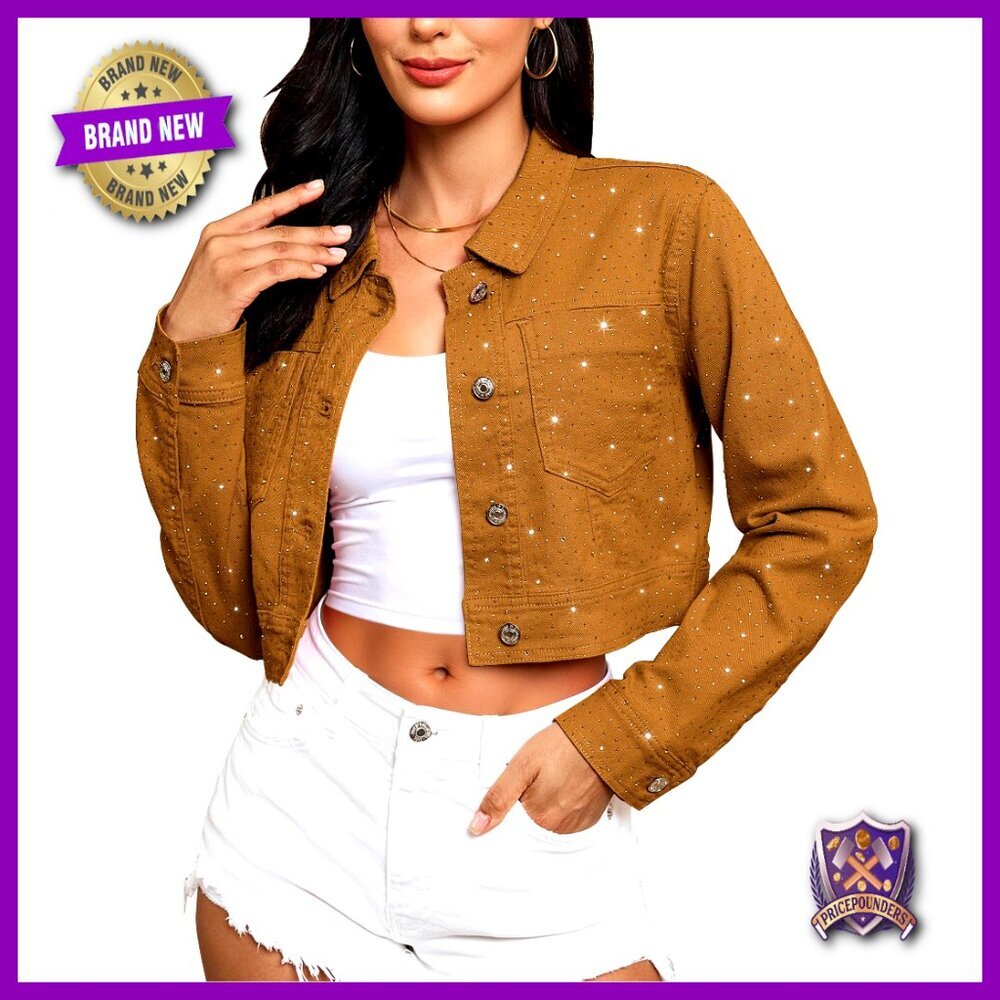 Cropped Denim Jacket Rhinestone Embellished Stretchy Trucker Party Chic